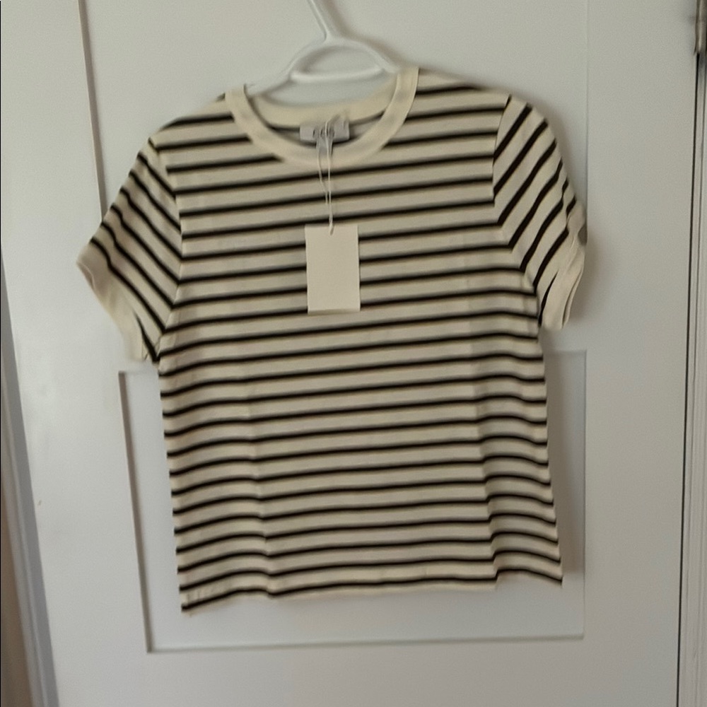 NWT COS tee shirt cotton cream with black stripes and yellow pinstripes